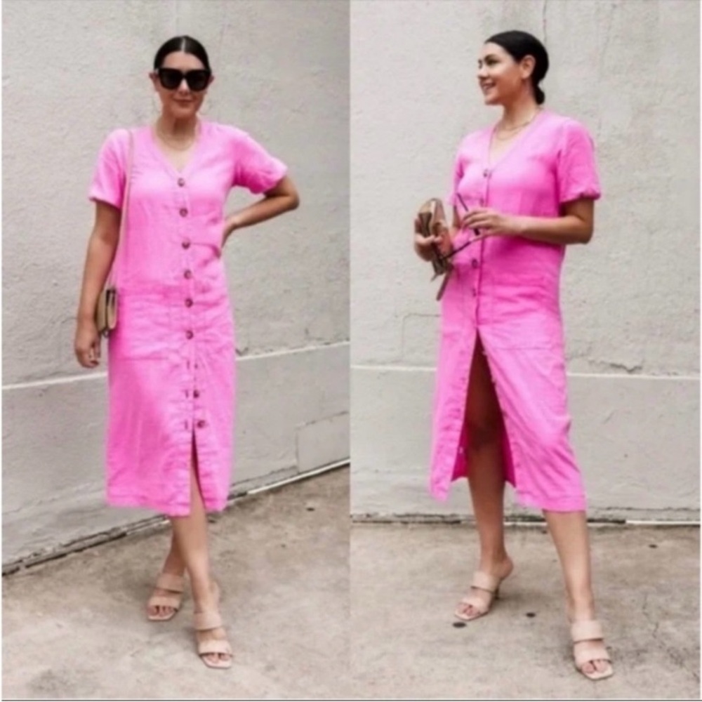 Linen Button-Down Midi Dress Size Small Beachy Resort Vacation Airy
